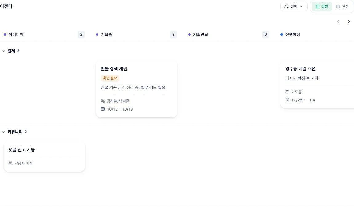 홈의 아젠다 칸반. 오른쪽 위 담당자 범위와 칸반·일정, 그룹 띠마다 단계별 카드와 확인 필요 표시