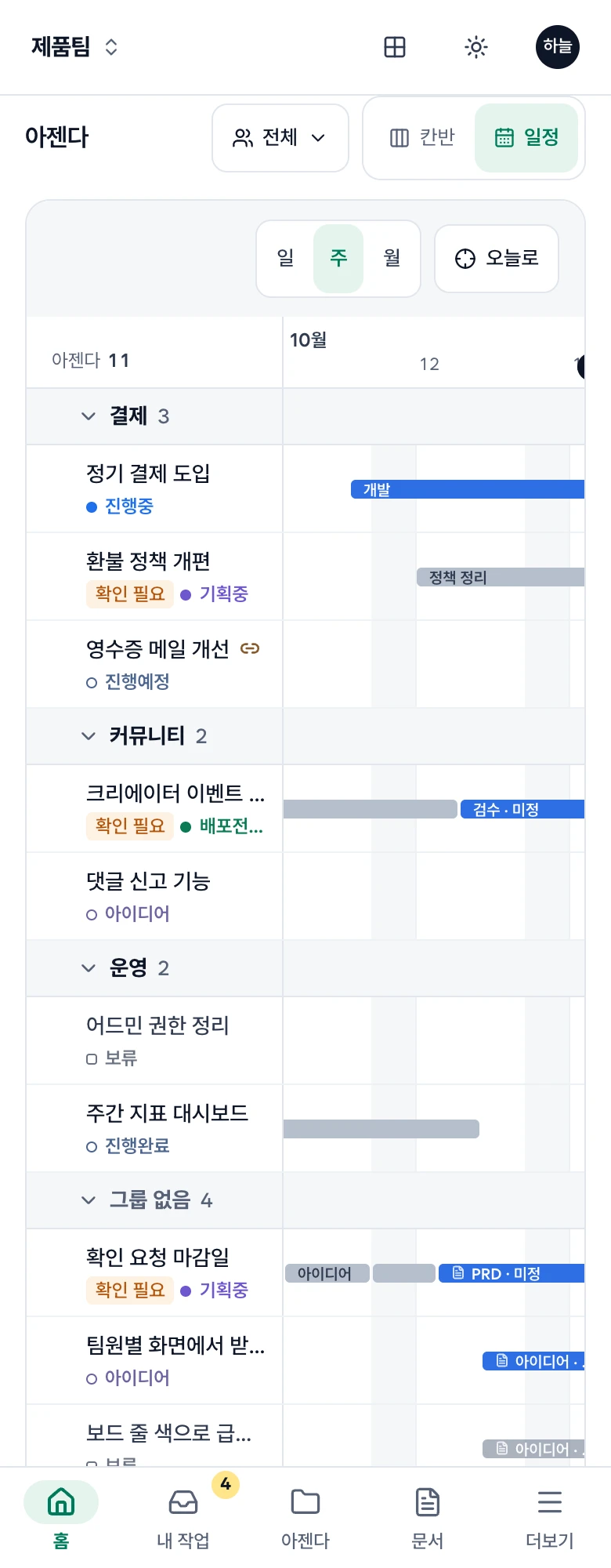 휴대폰 홈의 일정과 확대·오늘로 버튼
