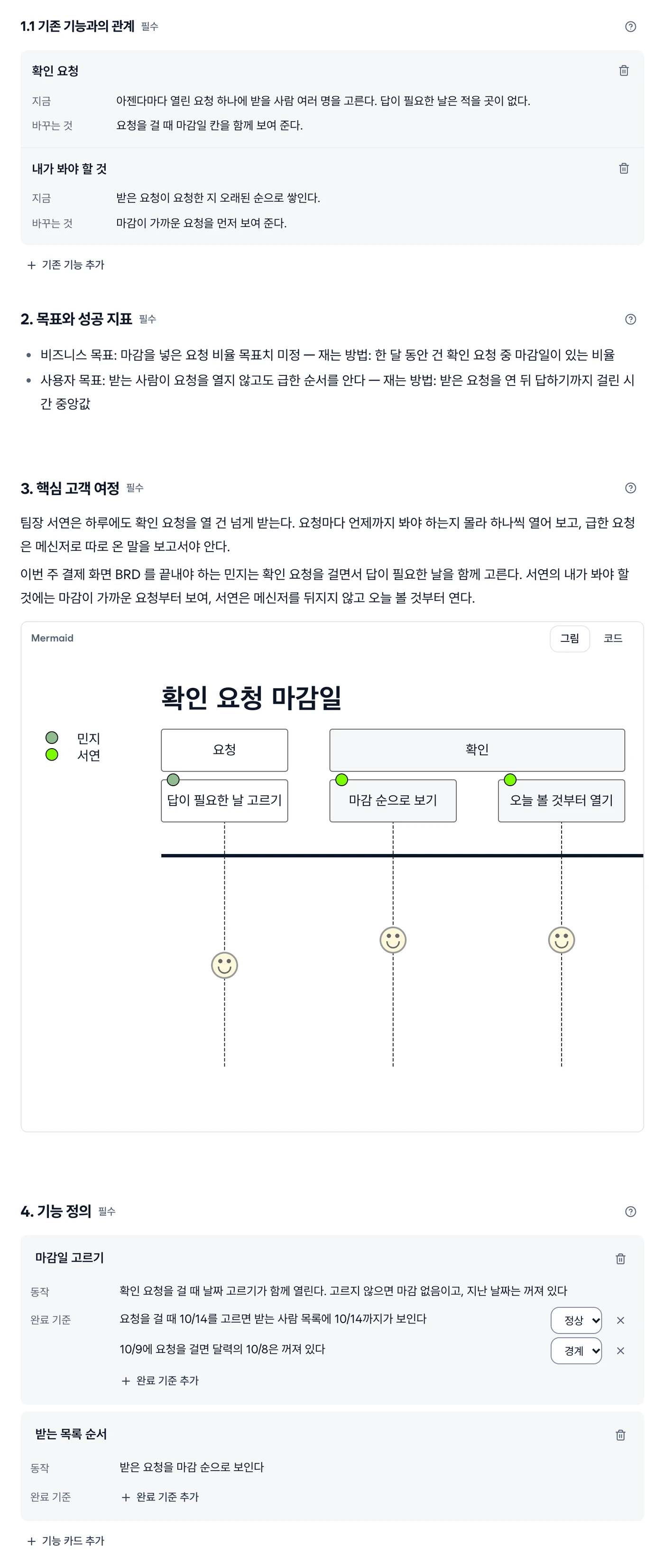 PRD 기존 기능과의 관계 목록(줄마다 기존 기능 이름 아래 지금·바꾸는 것), 목표와 성공 지표, 핵심 고객 여정 이야기와 Mermaid 다이어그램, 기능 정의 카드(기능·동작·완료 기준과 꼬리표)